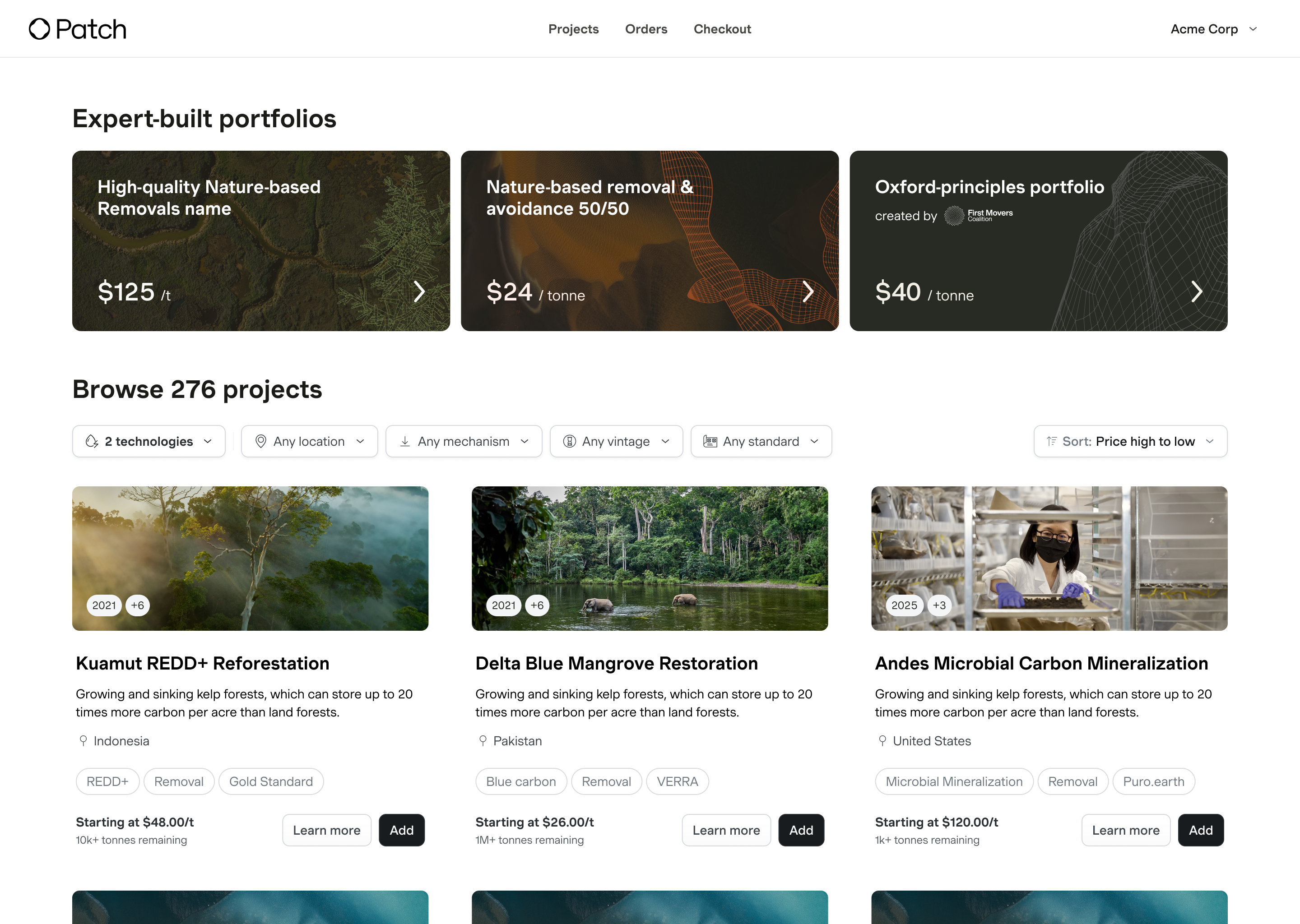 Marketplace Patch sourcing avec portfolios expert et catalogue de projets consultable