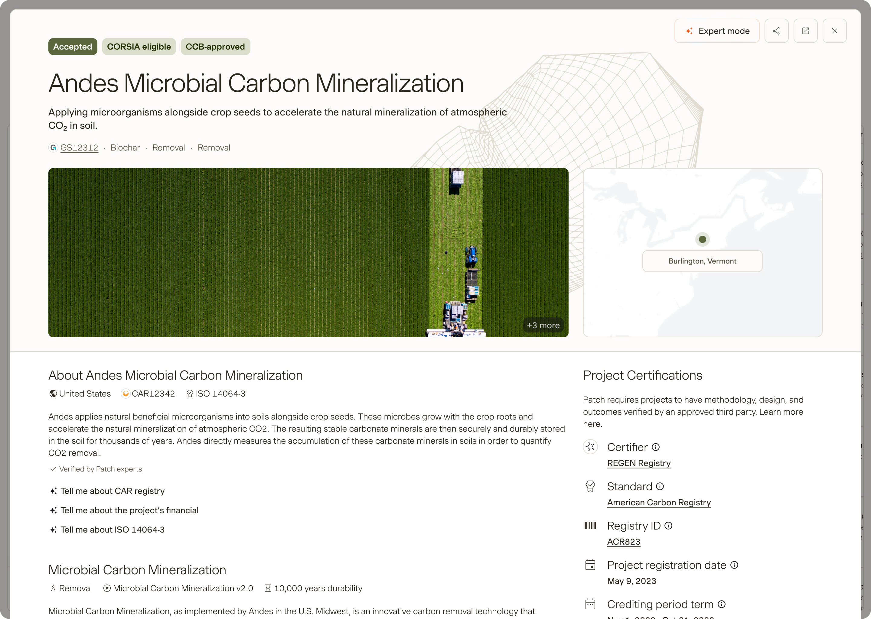 Page de détail projet Patch montrant des données carbone regroupées pour acheteurs et experts